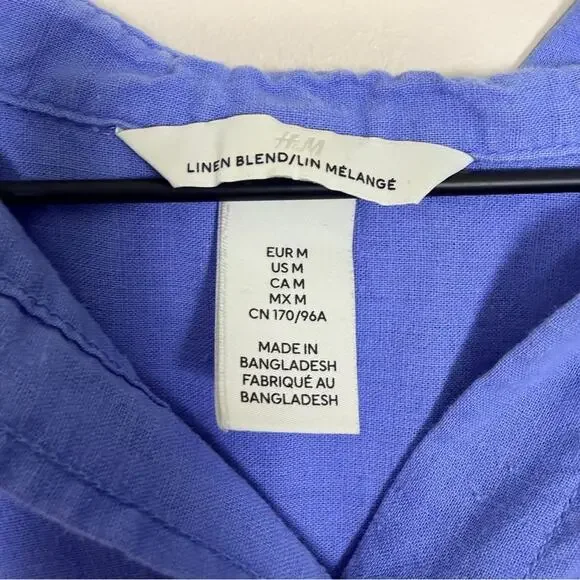 H&M Linen Blend Button Down Shirt Size M Blue Coastal Basic - Picture 4 of 7